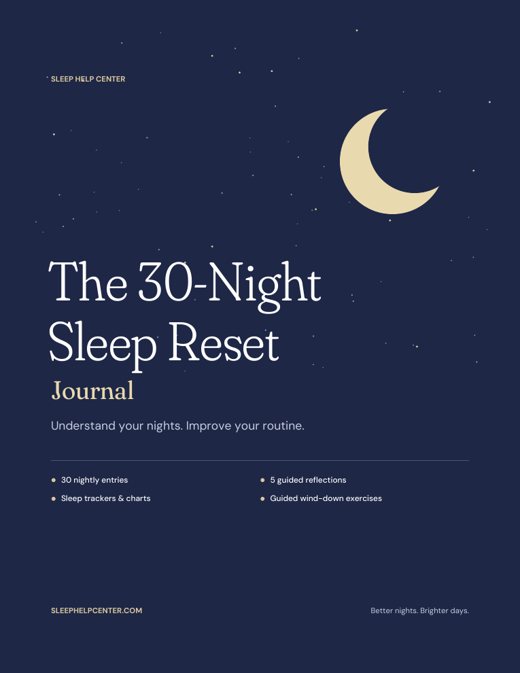 Cover of The 30-Night Sleep Reset Journal: a crescent moon over a starry navy sky